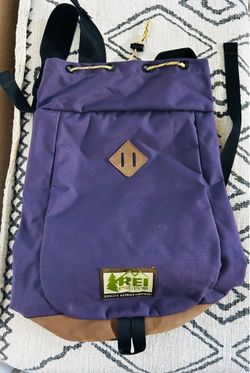 REI Co-op Vintage Style Purple Canvas Rucksack Backpack Suede Leather Bottom
