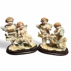 Vintage Set of 2  Resin Poly Angel Together Silver 4.75”