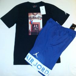 Jordan Boys Youth 2pc Black Graphic Tee & Blue Short Set - XL 