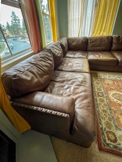 Large Brown Leather Sectional Sofa - 106” x 65”