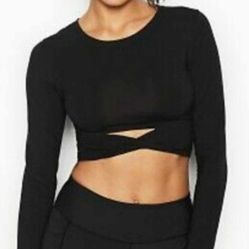 NEW WITHOUT TAGS NWOT VICTORIA'S SECRET SPORT BLACK MESH CUTOUT LONG SLEEVED CROP TOP SHIRT SIZE SM SMALL