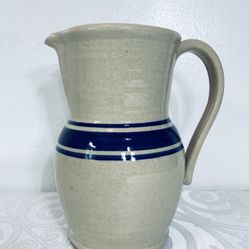 Glazed Pottery Blue Striped Tan Pitcher, 7.25" Tall, Spout, Handle, Unmarked