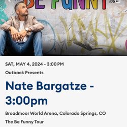 2 Nate Bargatze tickets for 5/4 @ 3:00. World Arena @ half of what we paid. Transfer on AXS. Section 216, row T, seats 1 and 2. Price includes both ti