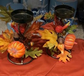 Fall, (2) Candle Holders , autumn colors, scroll metal bases