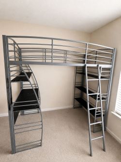 Metal Loft Bed with Built-In Shelves – Great Space Saver