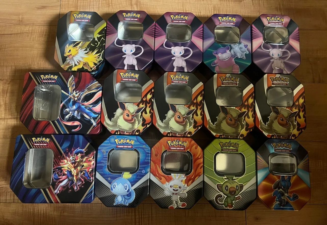 Lot of 15 Empty Pokemon Tins Mewtwo Lucario Rillaboom EMPTY