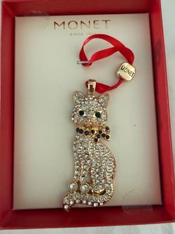 2024 Monet Gold Tone Crystal Rhinestone Kitty Cat Christmas Ornament New In Box