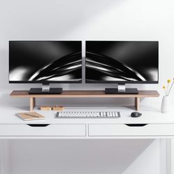 $85 Navaris Dual Monitor Stand Riser - Real Wood Double Width Desk Shelf for Holding 2 Computer Screens - 42.9" Wide x 9.1" Deep x 4.7" High - Walnut