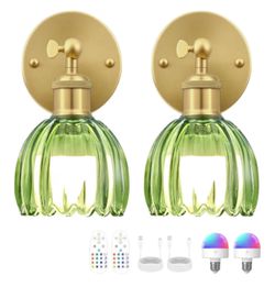 New sealed Vintage Battery Operated Wall Sconce, Green Tulip Glass Lampshade Wireless Rechargeable Battery Powered LED Wall Light with Remote Dimmable