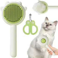 Pet Hair Cleaner Brush for Cats - Self Cleaning with Release Button, Grooming Brush for Indoor Cats, with Circular Cut Hole Nail Clippers (Green

