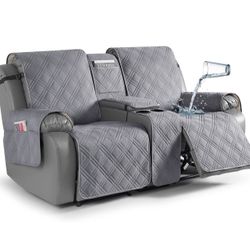 Loveseat Recliner Cover with Center Console, 100% Waterproof Pet Cover for Dual Recliner with Straps Design, Split Reclining Loveseat Cover Furniture 