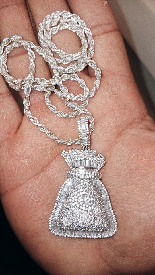 SOLID 925 SILVER ICED OUT MONEY BAG PENDANT WITH TORSAL CHAIN