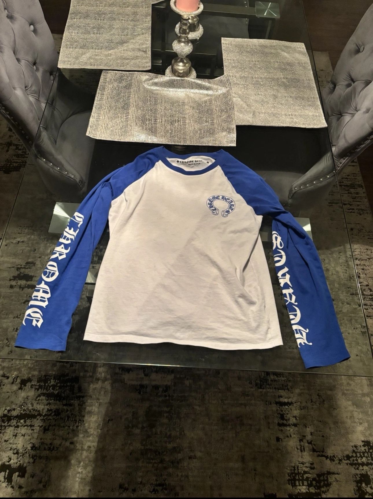 Chrome, Hearts Blue Baseball Long Sleeve