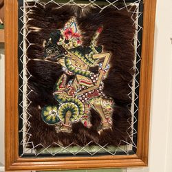 Vintage Hand Carved Wall Decoration , Spiritual Painting , Bali Indonesia Goat Skin 18” Tall 14.5” W