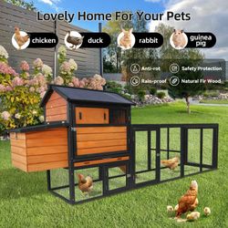 brown+black Wooden Chicken Coop, Large Outdoor Hen House with Run and Nesting Box Poultry Cage, Rabbit Hutch, Waterproof Anti-UV Panel for Backyard