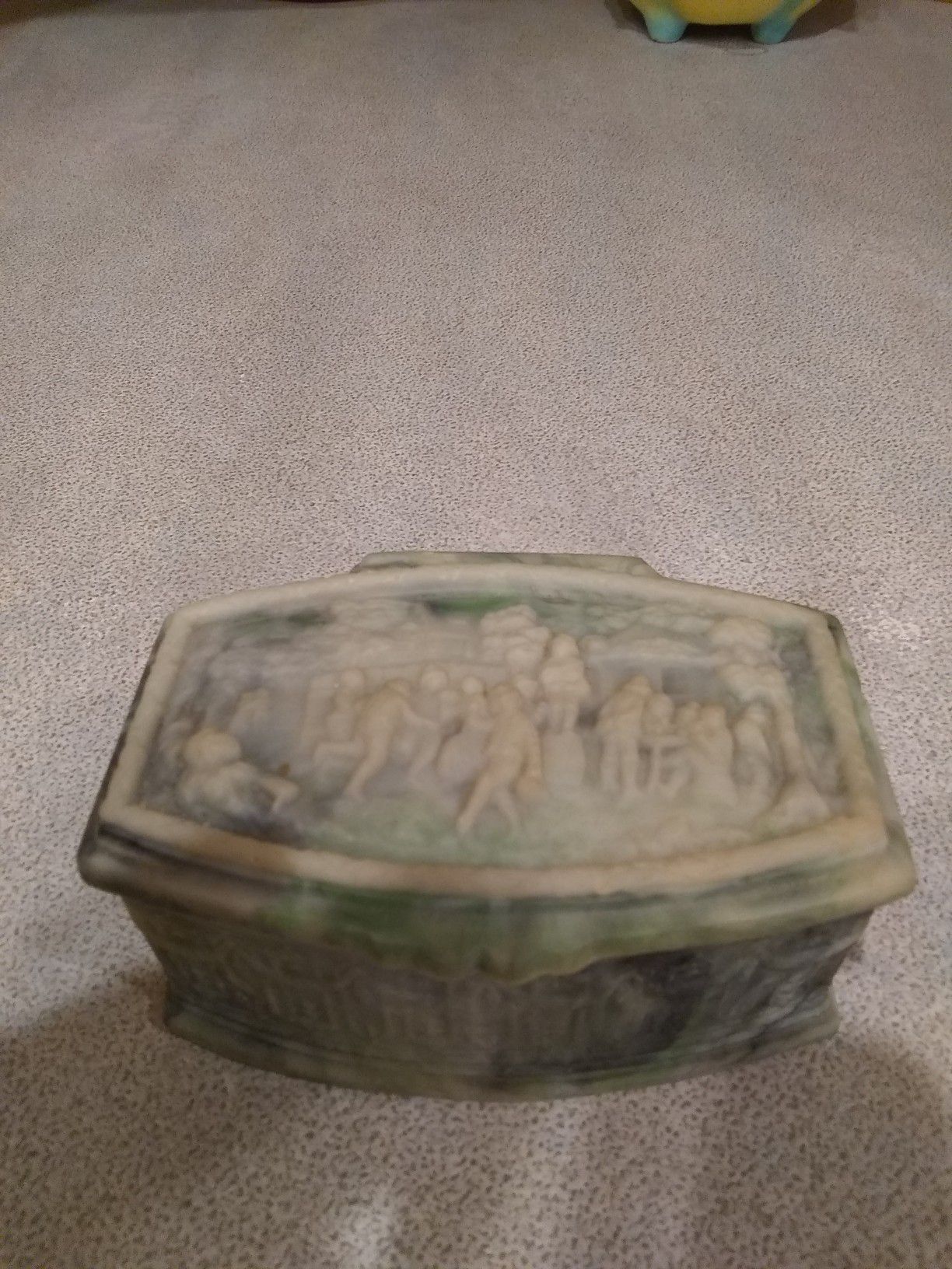 Vintage Genuine Incolay Carved Stone Trinket Jewelry Box with Jubilee Scene