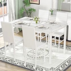 Baxluxe White Dining Table Set for 4, Faux Marble Kitchen Table and Chairs Set, Rectangle Dining Table with 4 PU Leather Backrest Dining Chairs, Moder