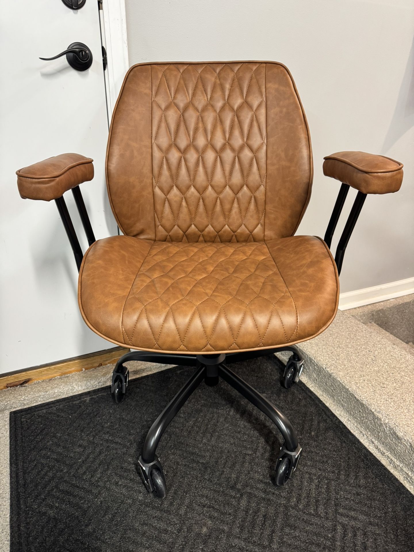 Brand New Brown Vegan Leather Height Adjustable Rolling Office/Vanity Chair w/Rollerblade Wheels