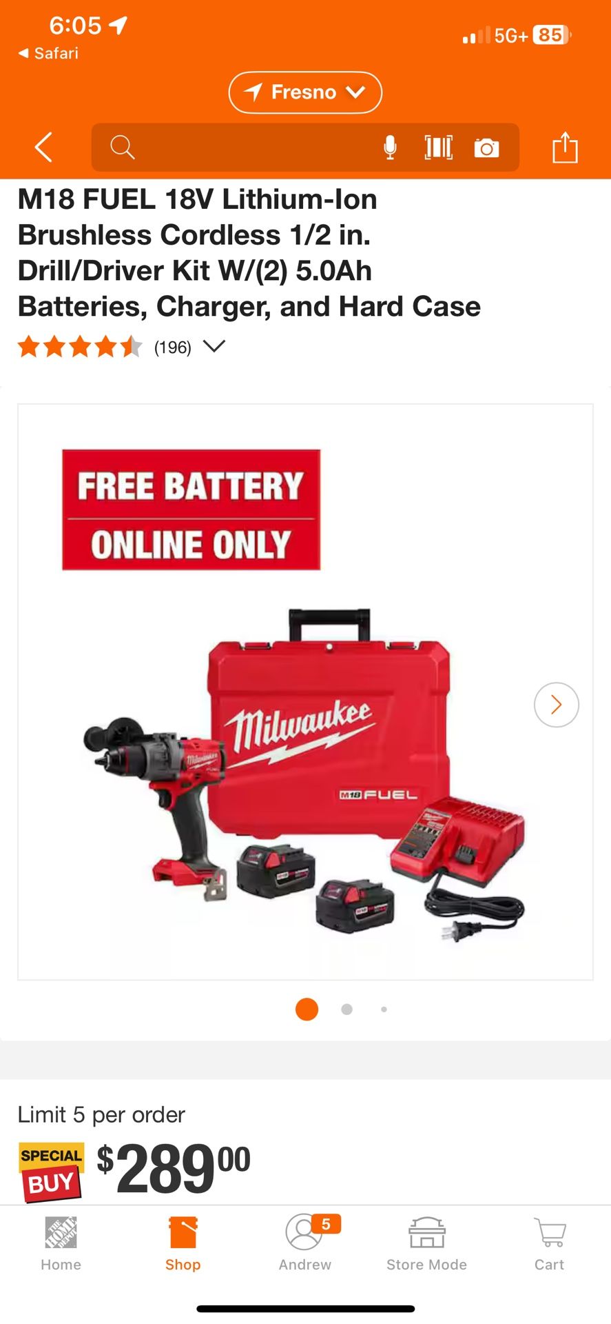 Milwaukee M18 FUEL 18V Lithium-Ion Brushless Cordless 1/2 in. Drill/Driver Kit W/(2) 5.0Ah Batteries