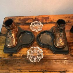 Porta Libros Zapatos Bronce Ceniceros Cristal Con Base Antiguo 