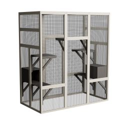 Large Outdoor Gray Wooden Catio – Solid Wood Cat Enclosure with 5 Platforms & 2 Resting Boxes, UV-Resistant & Waterproof Outdoor Cat House Shelter Pla