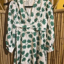 Mini Dress White & Green Leaves