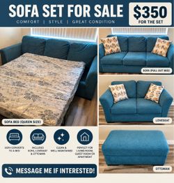 Teal Sofa Set with Queen Sleeper & Ottoman – $350