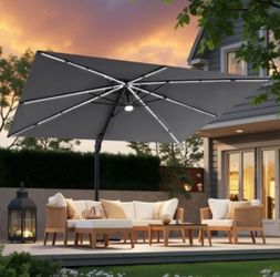 9 ft. x 11 ft. Solar-Lighted Patio Umbrella Dual Top Outdoor Heavy Duty Cantilever Offset Umbrella in Gray