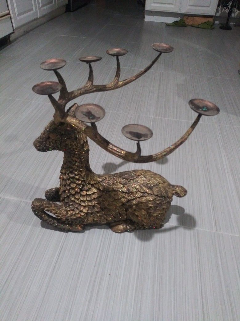 Glittered Gold Deer With Candle Holder