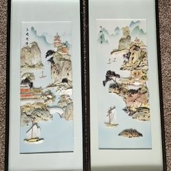 Pair of Mid century handmade sea shell asian art shadow boxes