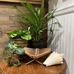 Vintage Bamboo Folding Basket Display Decor Pedestal Raised Wood Slat Catchall Trinket Holder Boho  