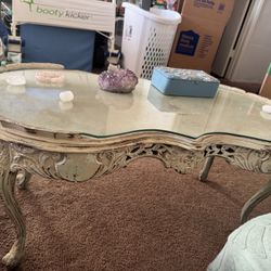 Antique Wood Glass Top Living Room Coffee Table 