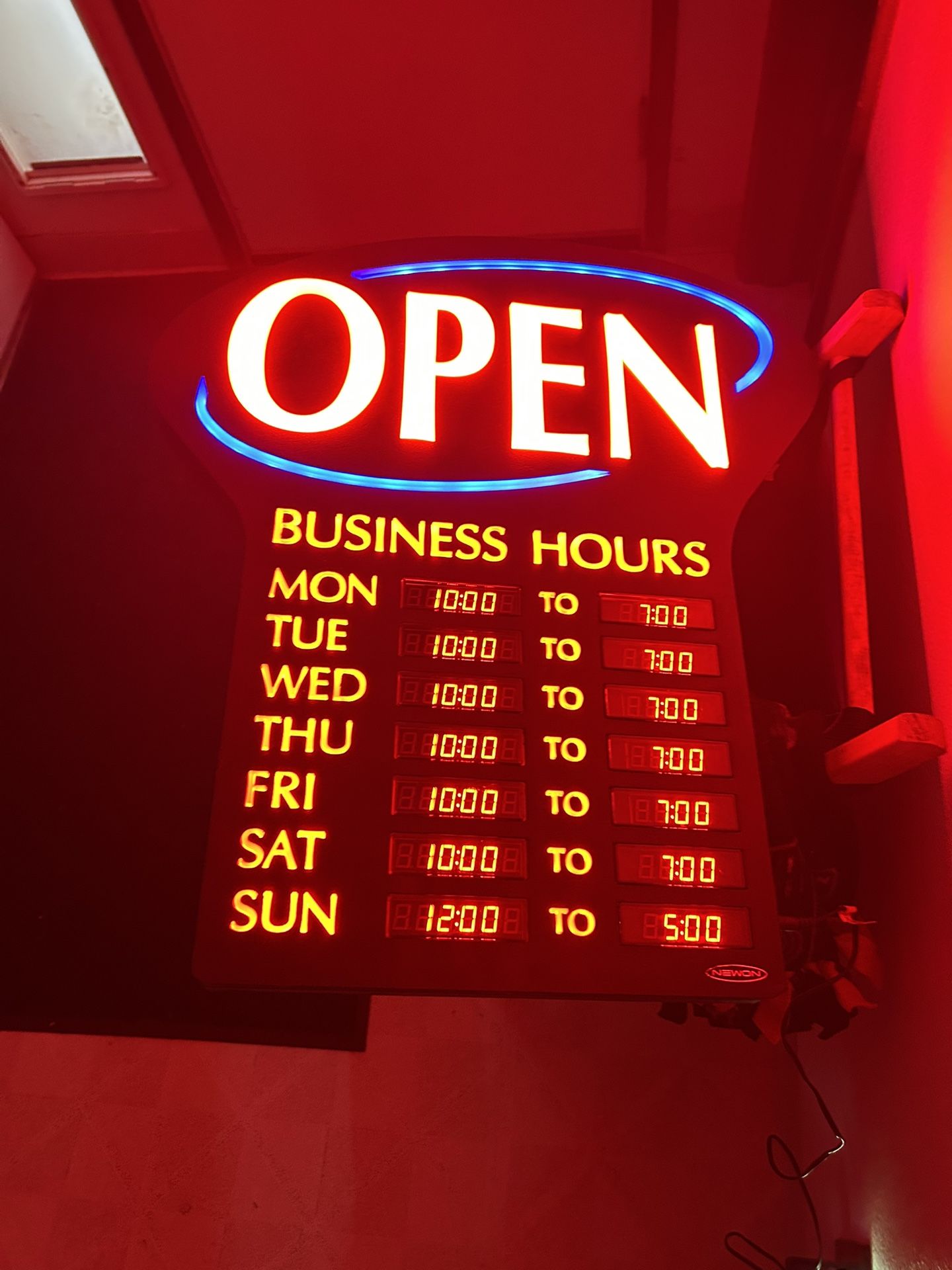 LED electronic Open sign with adjustable days and hours.  These things go for around $300 new. This one’s in great shape and works great. Bright and b