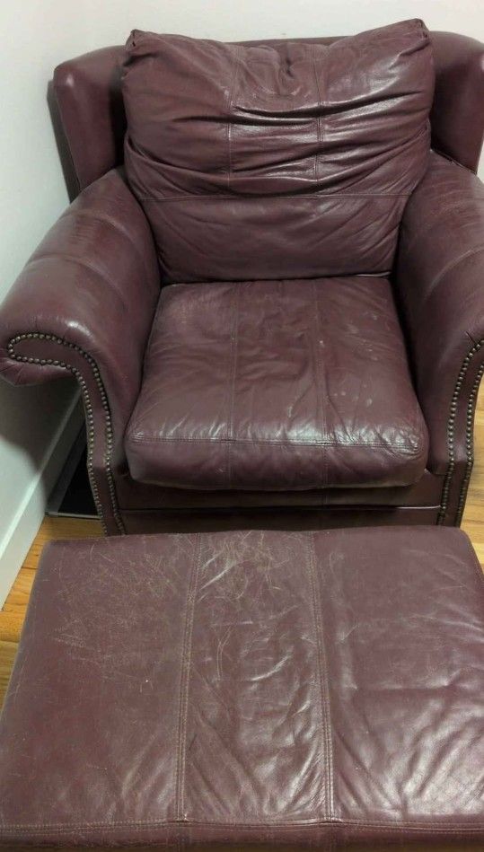 Wine Colored Leather Chair And Ottoman