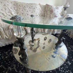 Antique Hollywood Regency Goran of Belgium  Gold glass mirror Cherub end table