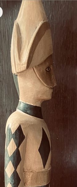 Vintage-Mid 20C-tall wood harlequin figure-wood-hand carved-Italian Jester