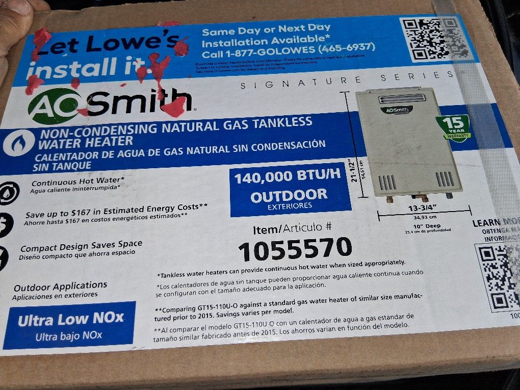 AO Smith Tankless Water Heater 140,000 BTU