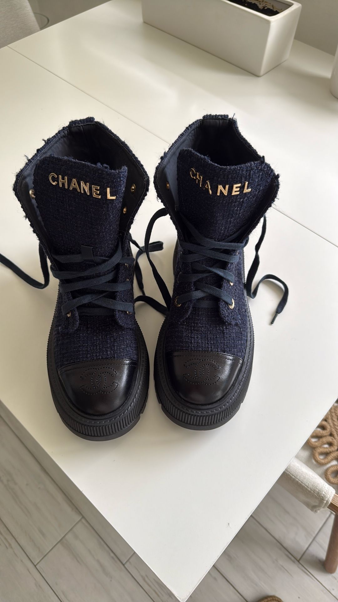 Gorgeous Tweet Denim Navy Blue With Black Leather Chanel Booties New