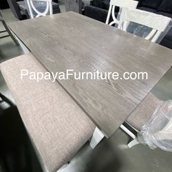 New! 6pcs White Rustic Dining Set, Dinette Set, Kitchen Table And Chairs, Table, Chairs, Bench, Casual Dining Set, Rectangular Dining Table, Dining Ro