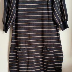 Jessica Howard Charcoal/Tan Striped Sweater Dress With Front Pockets 