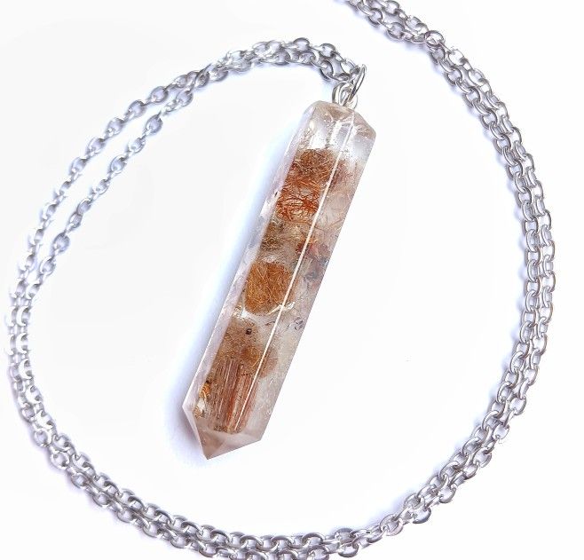Rutile rutilated quartz point pendant on 20" stainless steel silver necklace new handmade