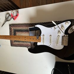 Squier Classic Vibe '50s Stratocaster Maple Fingerboard Electric Guitar Black With Fender Mustang Lt25 Amp And Boss Cord 