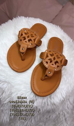Tan Leather Flip Flop Sandals with Medallion Detail