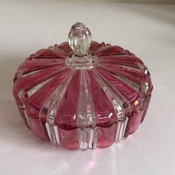Vintage Rainbow Hand-Decorated Cranberry Pink Pressed Glass Lidded Candy Dish - 7.5"