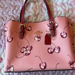 COACH Mollie Tote 25 2 Way Shoulder Bag Canvas Leather Outlet Cherry Pink