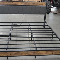 King Size Bed Frame with Power Outlets & USB – Metal/Wood