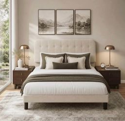Queen Upholstered Platform Bed Frame with Headboard - Modern Bedroom Furniture with Sturdy Wooden Slats, Quiet & Noise Free, No Box Spring Needed, Bei