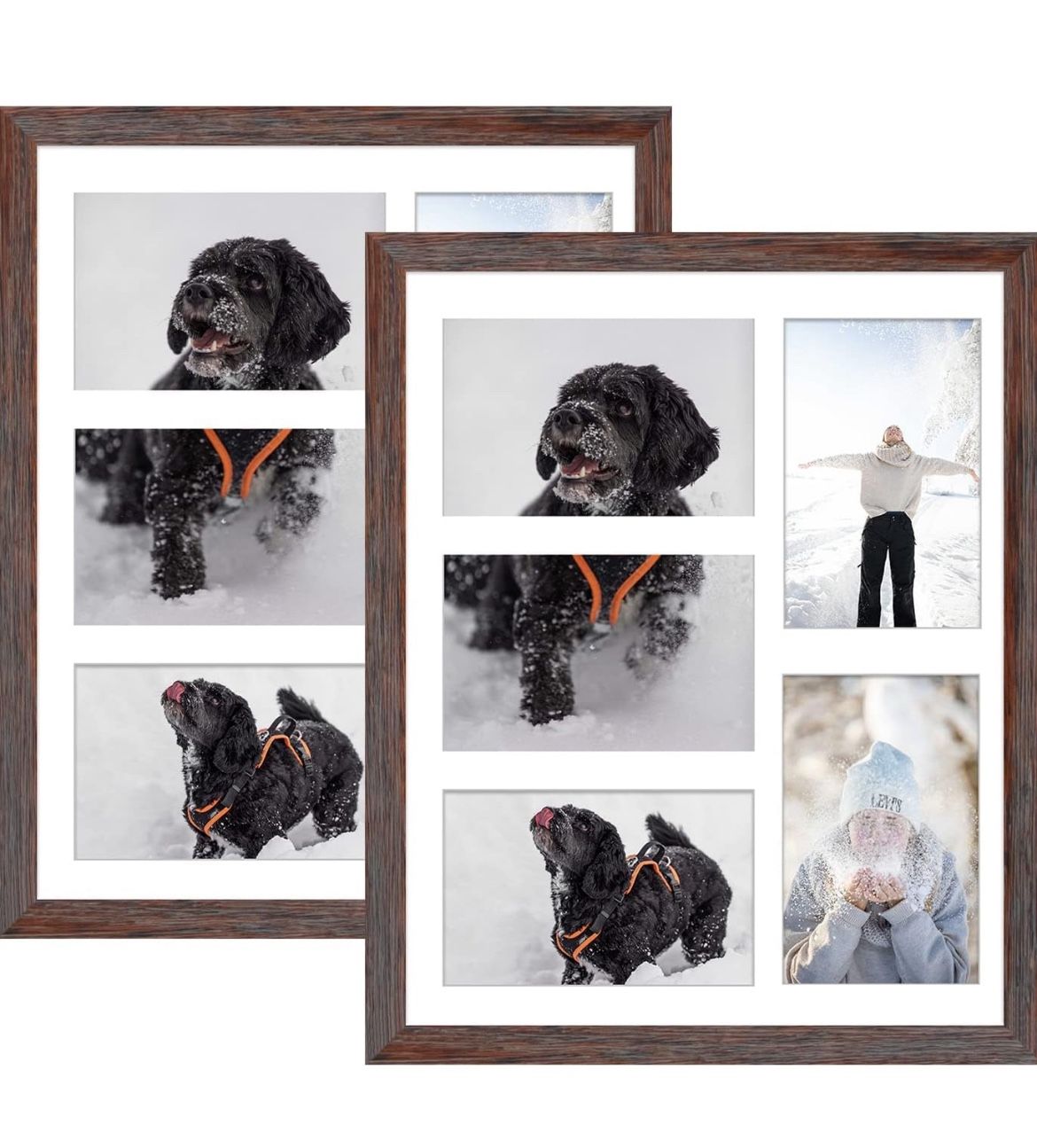 Golden State Art, 11x14 Distressed Brown Wooden Frame with White Mat - Displays Five 4x6 Photos - Tempered Glass - Wall Mounting, Portrait, Set of 2