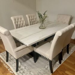 Marble Dining Table + 4 Beige Tufted Dining Chairs + 2 Captains Chairs