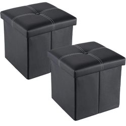 Folding Storage Ottoman, Leather Ottoman Coffee Table, Small Foot Stool with Storage for Living Room, 11.8"X11.8"X11.8", Black Pack of 2